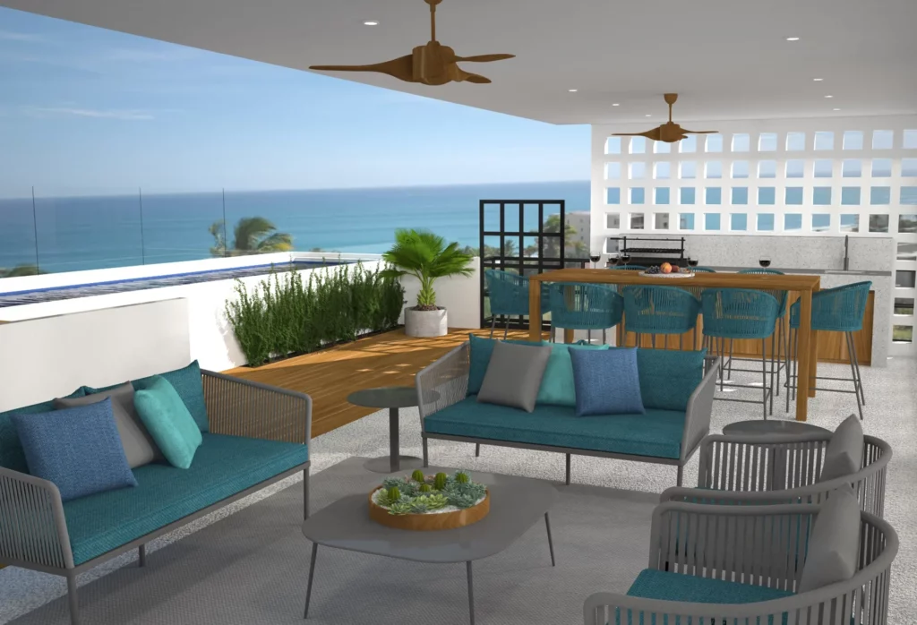 Residence Three has 2,575 square feet (239 square meters) of indoor living space; three bedrooms, 3 bathrooms with patio access and partial ocean views plus one service bedroom with full bathroom.